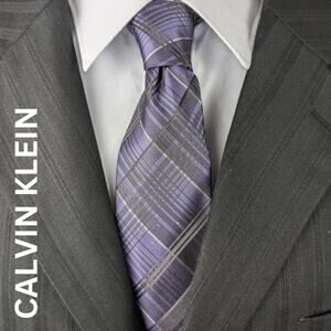 Calvin Klein Teasberry Black Gray Lilac Duplex Plaid Slim Silk Tie NWT